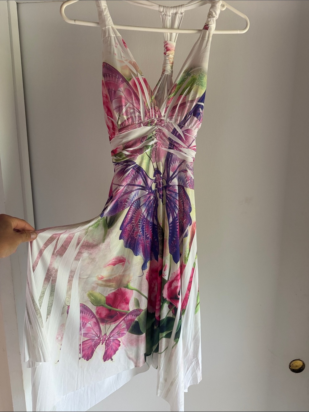 White Midi Dress with Pink & Purple Butterfly Floral Print